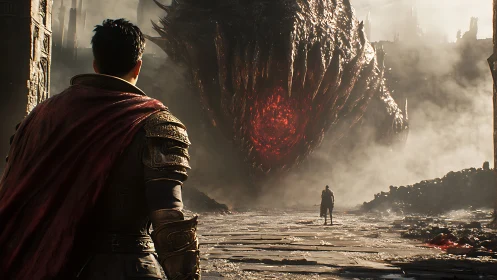 Armored hero confronts colossal fiery dragon in ruins.