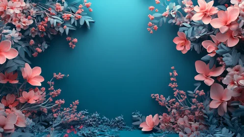 Coral Blooms Frame a Tranquil Turquoise Garden.