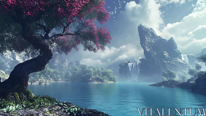 Dreamy pink-blossomed tree beside tranquil turquoise lake.