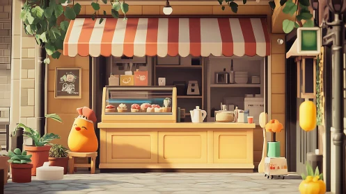 Low poly sidewalk patisserie with stylized pastry mascot.