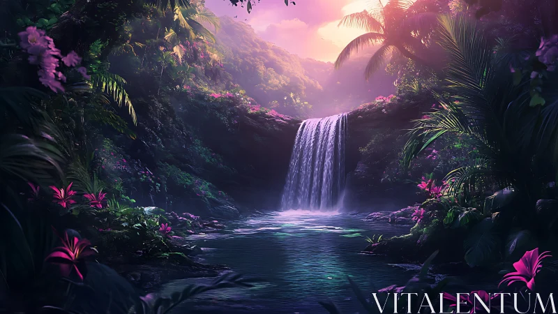 Luminous tropical waterfall amid bioluminescent jungle flora.