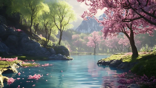 Cherry blossom trees surround turquoise mountain lake at dawn