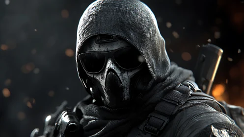 Midnight ghost operative waits in ember speckled silence