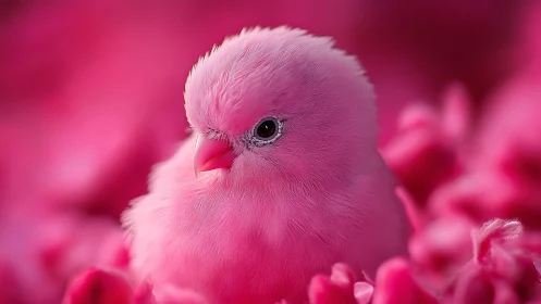 Fluffy Pink Bird Portrait in Soft Pastel Floral Surroundings.