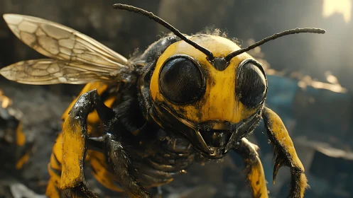 Close-up digital rendering of a detailed yellow wasp head.