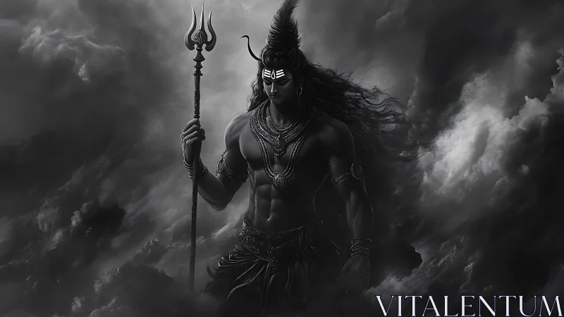 Divine warrior silhouette in monochrome storm clouds rendered.