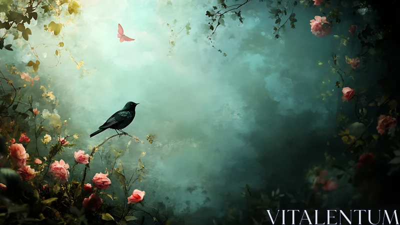 Songbird on rose branch in misted teal forest clearing