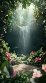 Lush jungle waterfall framed by dense flowers and leaves.