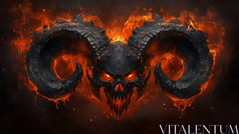 Demonic horned skull erupts from molten infernal flames.