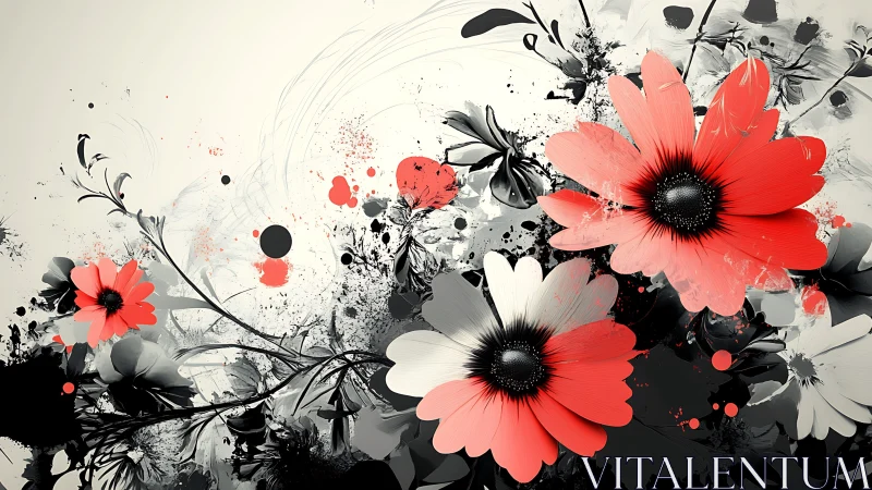 Red and White Gerbera Daisies with Monochromatic Splatter Effects