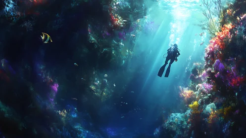 Digital painting of diver amid luminous coral canyon composition.
