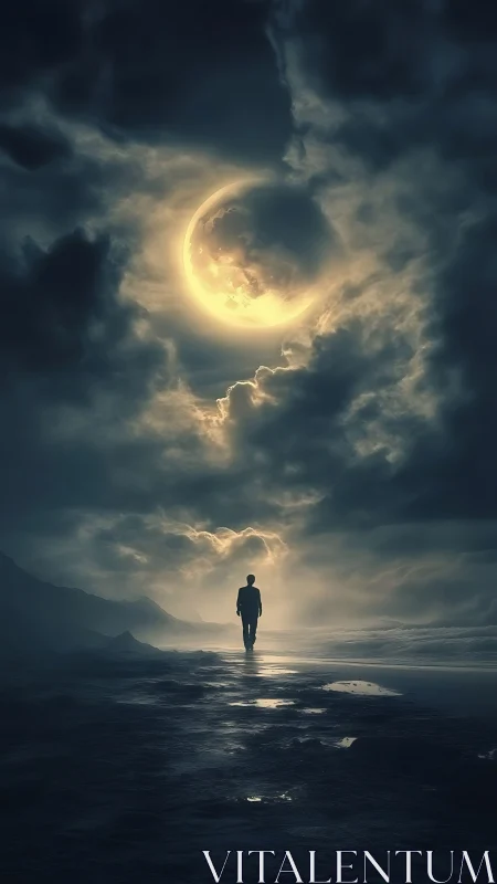 Backlit coastal silhouette under luminous crescent moon halo