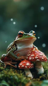 Frog perches on red mushrooms in a softly glowing forest