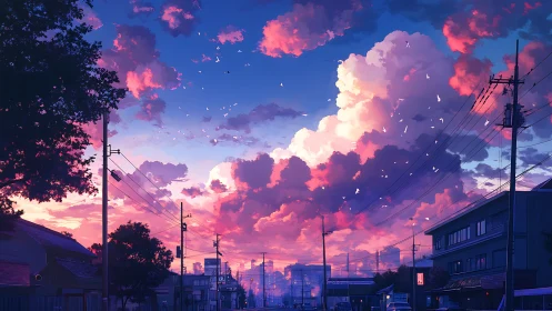 Sunset clouds above quiet suburban street panorama.