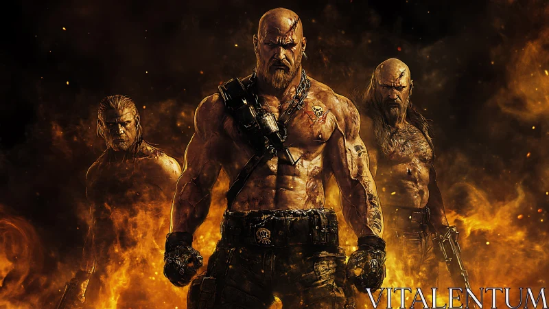 Muscular battle-hardened warriors stand in blazing firestorm.