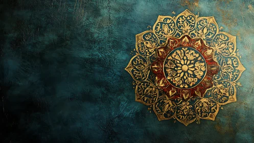 Gold ornamental mandala on textured teal background.