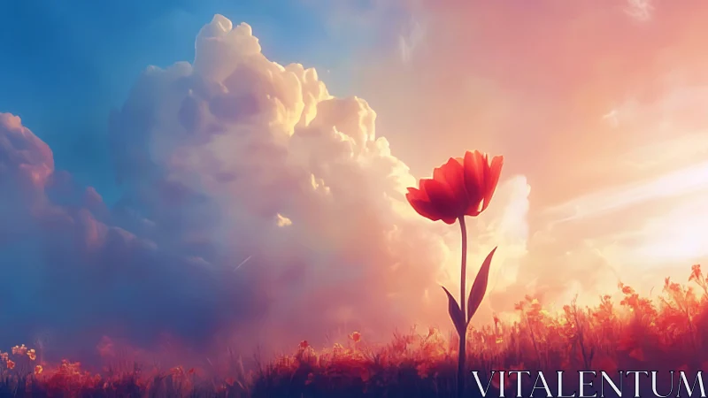Solitary red tulip under glowing sunset cloudscape.