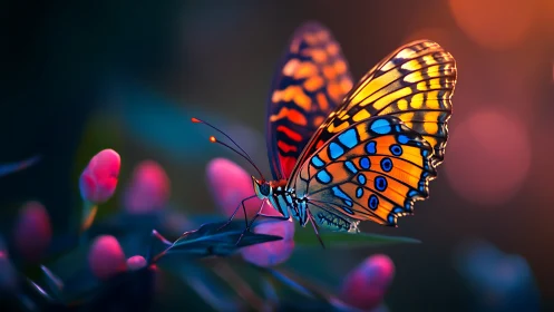 Macro study of neon-illuminated butterfly on buds with shallow DOF