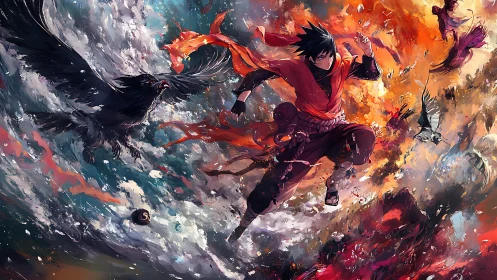 Anime warrior leaping through storm of fire and crows.
