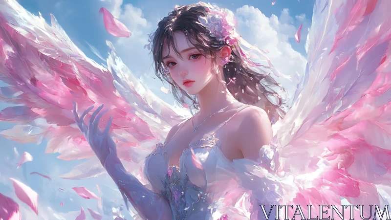 Winged girl in pink and white feathers against sky backdrop.