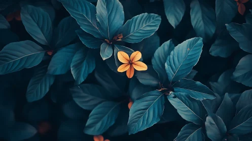 Quiet golden flower rests gently among deep teal leaves