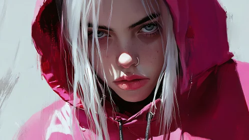 Digital portrait hooded woman in bold magenta jacket.