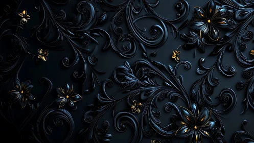 Midnight baroque blossoms swirling in molten gold and ink.
