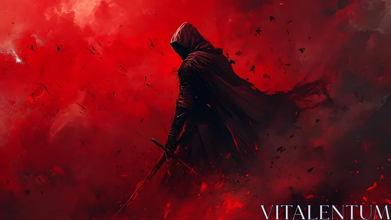 Hooded sword figure in red storm of abstract smoke.