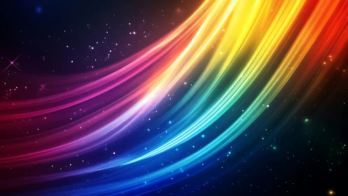 Curved rainbow light trails on dark starry background.