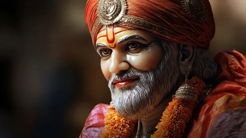 Radiant statue of Indian saint in orange ceremonial attire.