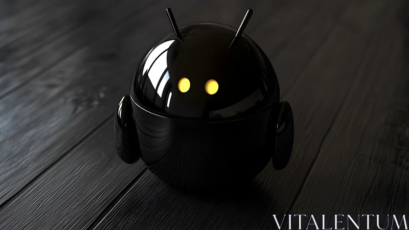 Glossy spherical robot model stands on dark wooden floor