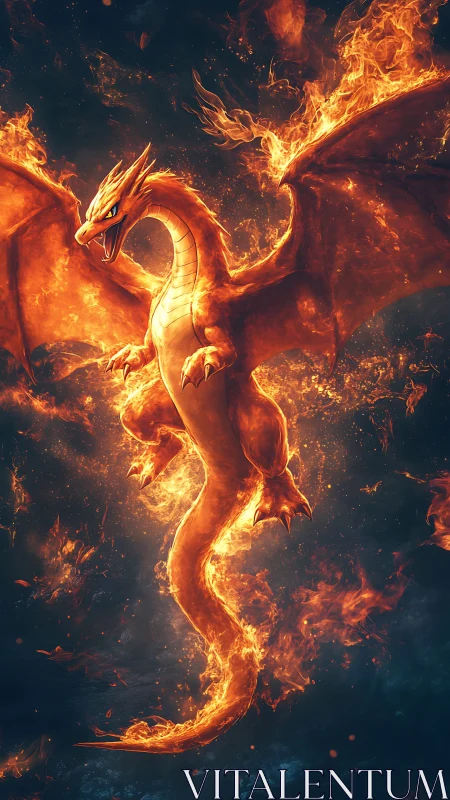 Fire dragon erupts midair with wings spread over dark void