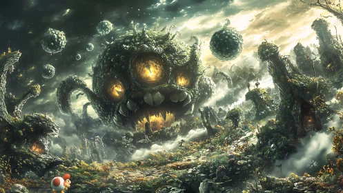 Colossal forest monster dominates stormy fantasy valley.