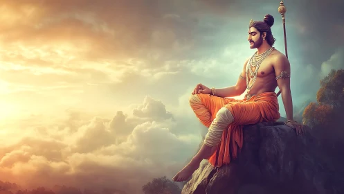 Seated robed figure on cliff above clouds at sunrise.