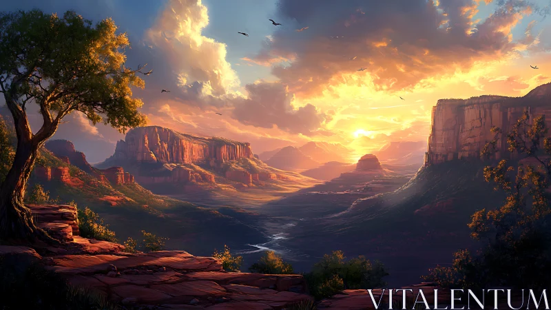 Sunlit canyon vista over glowing desert valley at dusk.