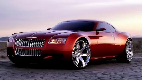 Sleek red concept coupe glows under a pastel desert sunset.