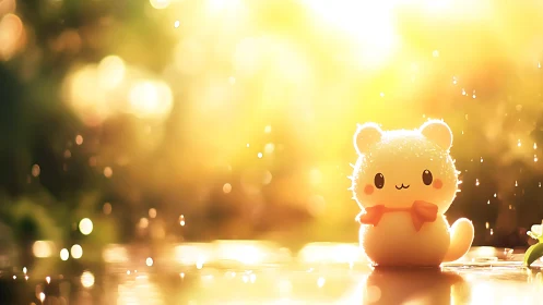 Sunlit marshmallow critter greets morning raindrop confetti