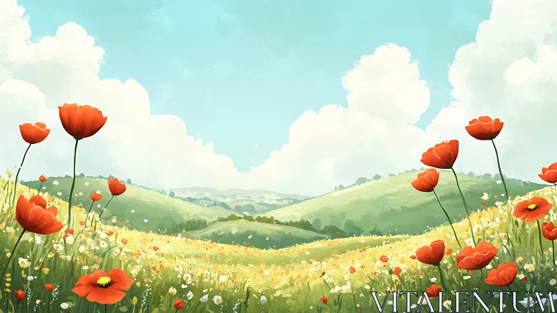 Poppy-bright hills breathe under a sky of wandering clouds