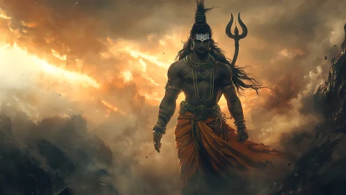 Mythic warrior deity strides through turbulent, high-contrast storm