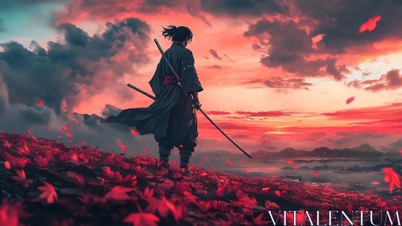 Samurai figure on hillside overlooking red sunset valley.