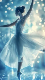 Ethereal ballerina poised in luminous blue bokeh glow.