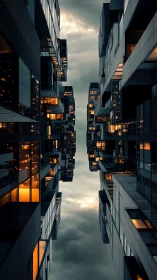 Symmetric highrise canyon frames stormy twilight sky