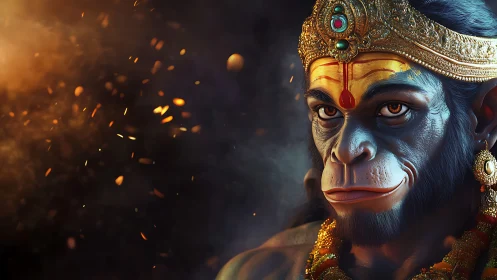 Divine simian warrior portrait under ember-lit dusk glow.
