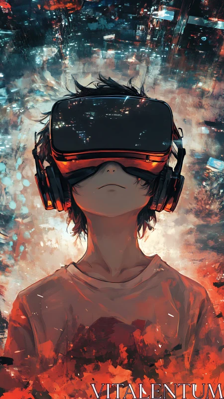 Youth with VR headset in abstract neon cityscape scene.