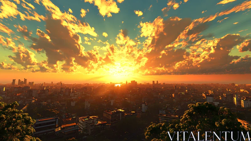 Golden city sunset pours warm light across a vast skyline