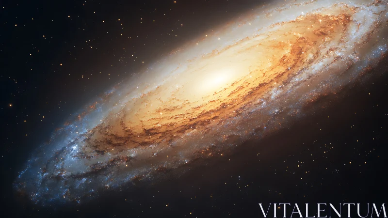 Spiraling golden galaxy core amid diffuse starfield glow.