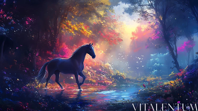 Horse walks through vivid multicolored forest stream at dawn