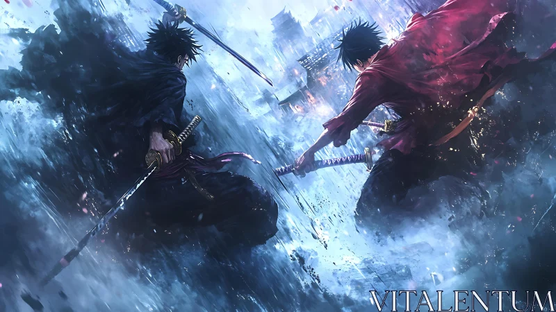 Dual katana collision in storm driven vertical cityscape duel.