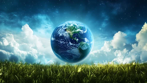 Digital rendering shows Earth hovering above grassy terrain