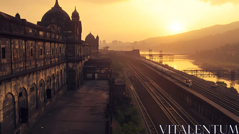 Sunlit railway perspective beside historic domed station façade.